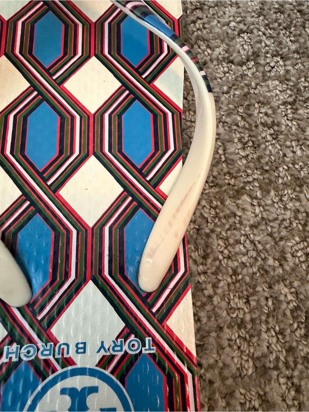 Tory Burch White Strap Flip Flops with Blue and Red Geometric Print - Picture 5 of 6